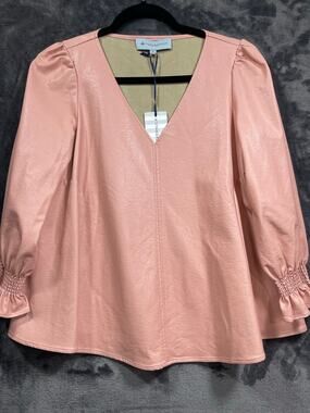 Tuckernuck Pink Faux Leather Puff Sleeve Top Size S V Neck Barbiencore Blouse